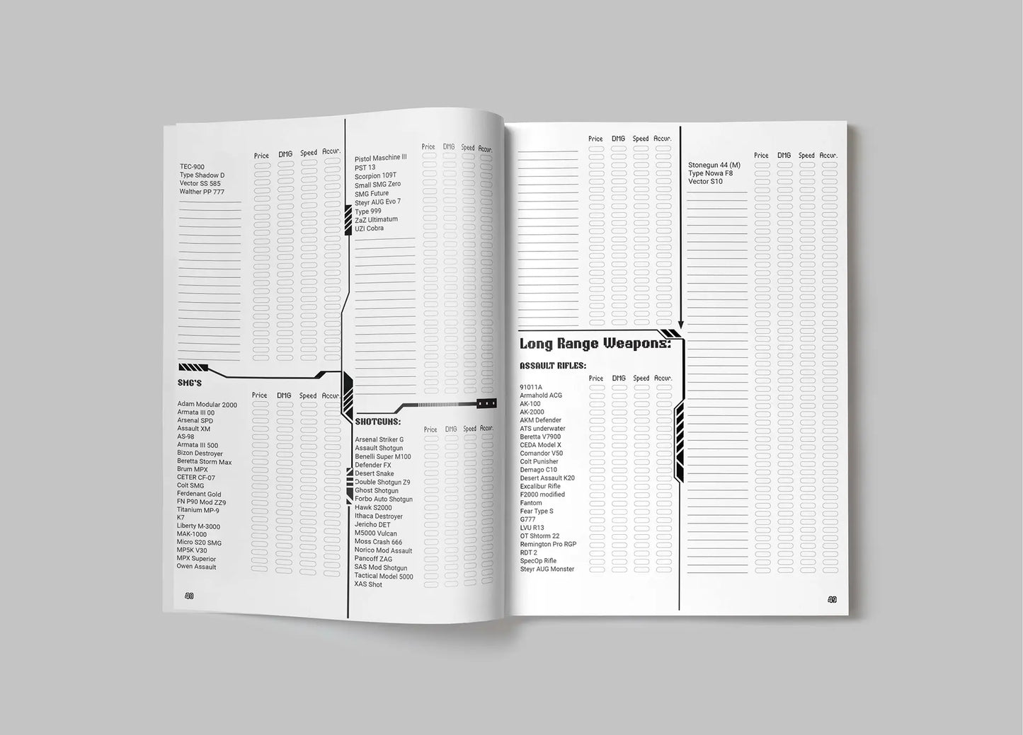 Page from the Cyberpunk Character Workbook focusing on weapons, including sections for calculating damage, cost, and detailing mechanics for various firearms and melee weapons in cyberpunk ttrpgs.
