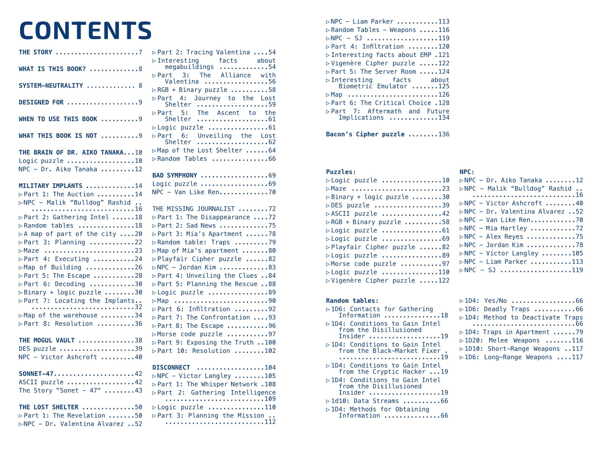Table of Contents for the Cyberpunk Scenarios [1st Book], listing mission scenarios, cyber puzzles, and random event tables for cyberpunk and ttrpg game masters.
