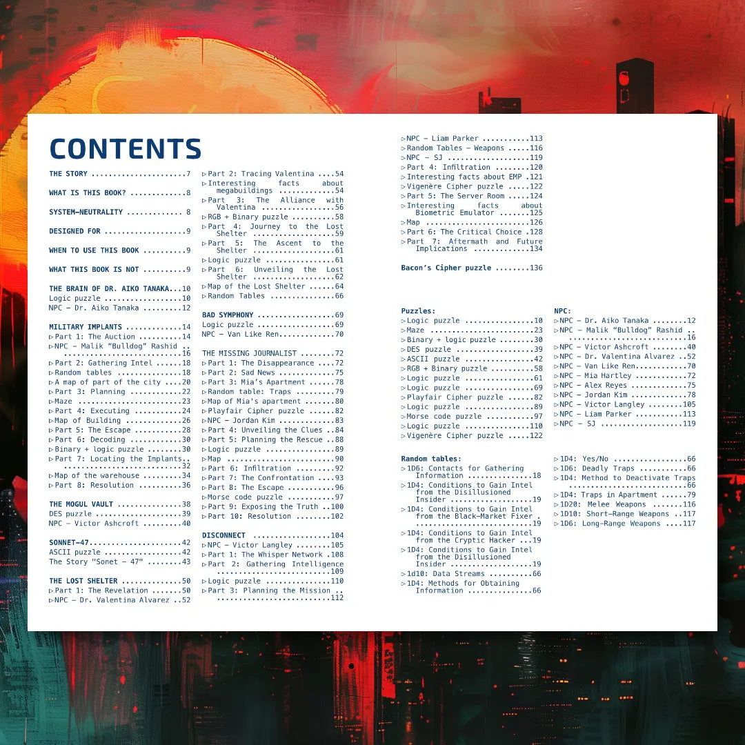 Table of Contents for the Cyberpunk Scenarios [1st Book], listing mission scenarios, cyber puzzles, and random event tables for cyberpunk and ttrpg game masters.