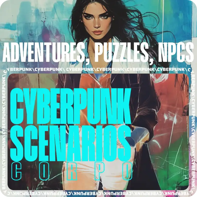 Cover art for Cyberpunk Scenarios [2nd Book], an anthology of new mission scenarios, cyber puzzles, and random events, designed for cyberpunk and ttrpg tabletop roleplaying games. a4play.com a4 play