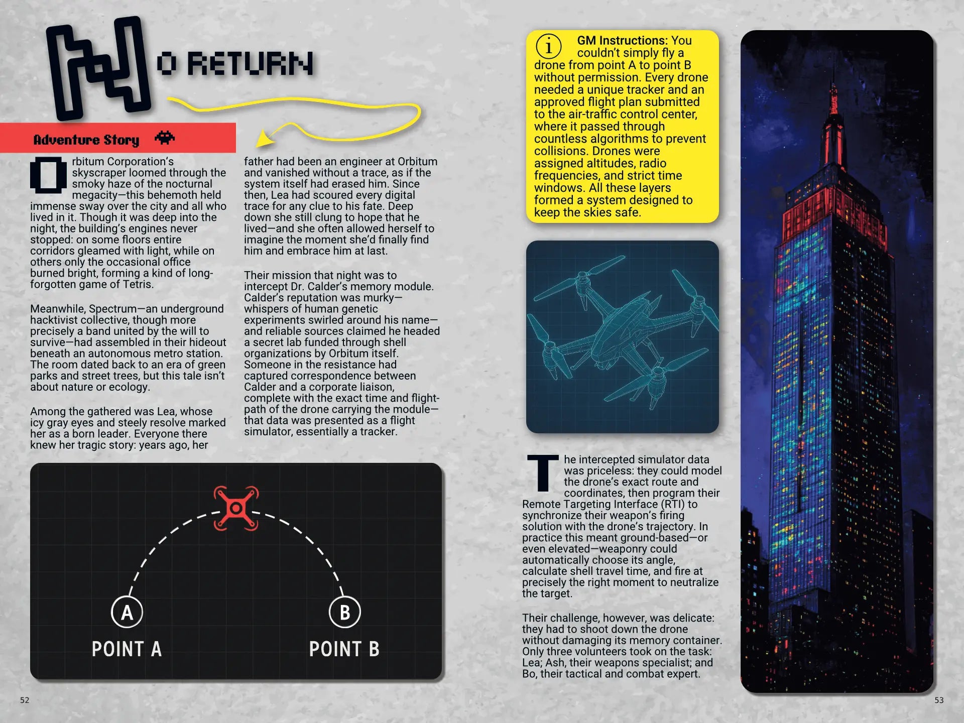 Two-page spread from Cyberpunk Scenarios [2nd Book] detailing a complete mission scenario, outlining the core challenge, player choices, and resolution for a cyberpunk ttrpg session.
