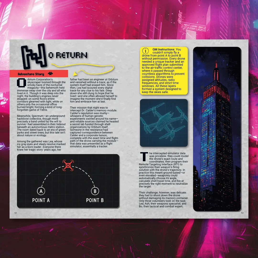 Two-page spread from Cyberpunk Scenarios [2nd Book] detailing a complete mission scenario, outlining the core challenge, player choices, and resolution for a cyberpunk ttrpg session. a4play.com