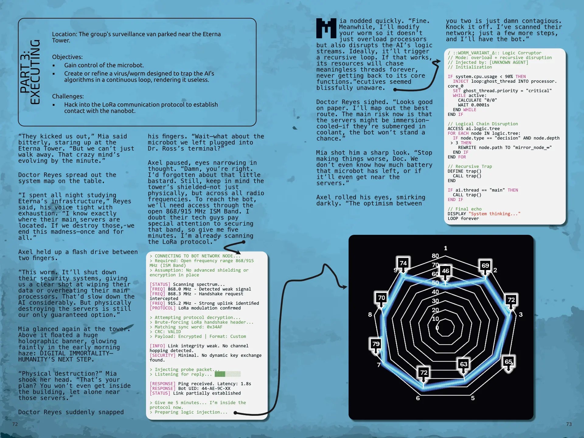 Two-page spread from Cyberpunk Scenarios [2nd Book] showcasing a Random Event Table or Cyber Program module, designed to introduce unexpected events and challenges into a cyberpunk ttrpg session.