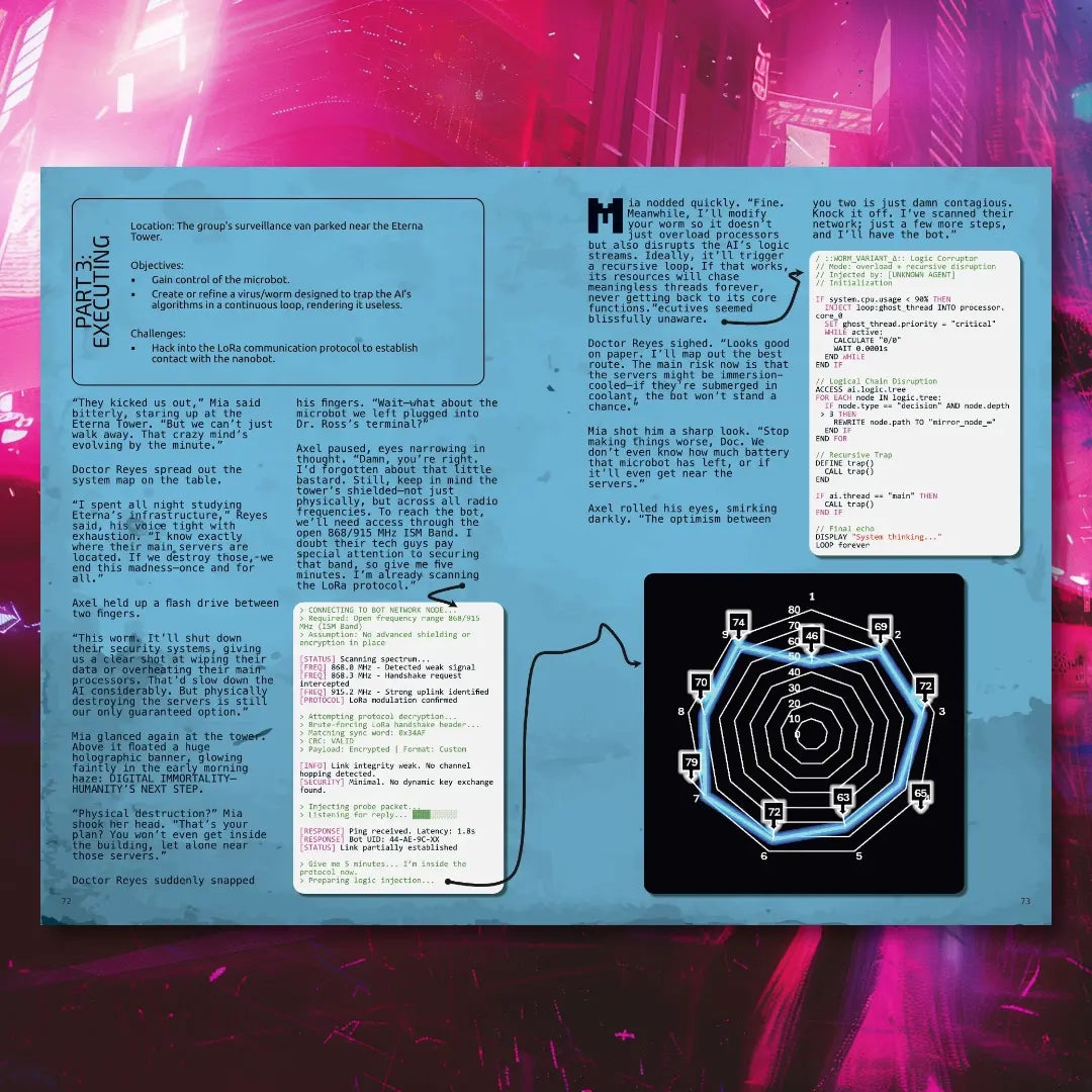 Two-page spread from Cyberpunk Scenarios [2nd Book] showcasing a Random Event Table or Cyber Program module, designed to introduce unexpected events and challenges into a cyberpunk ttrpg session. a4play.com