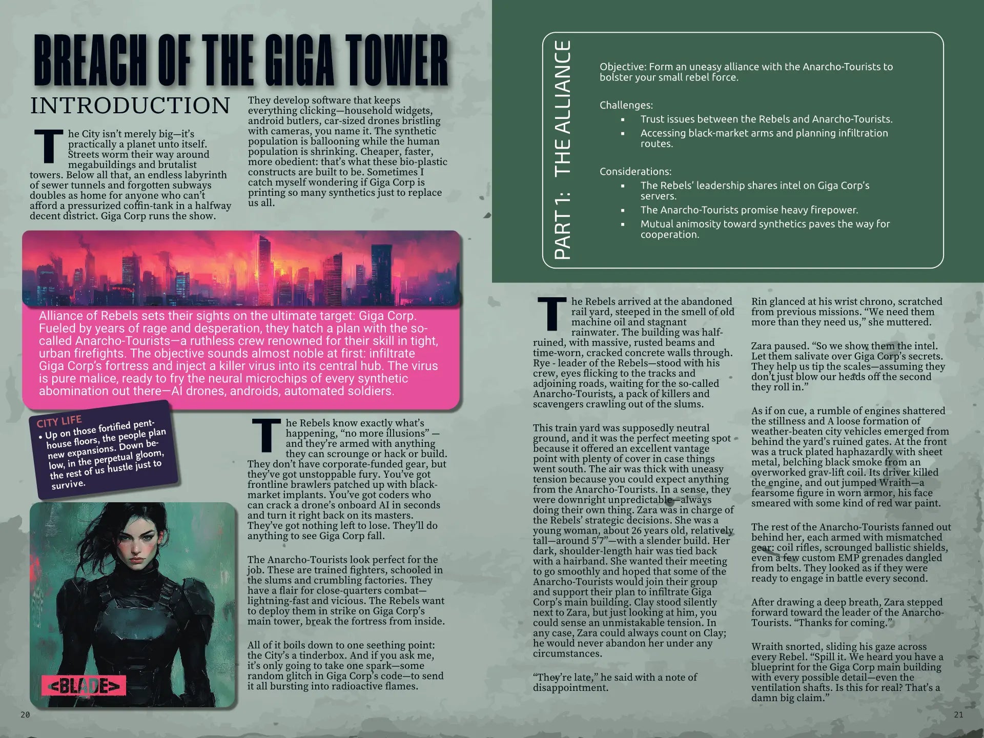 Two-page spread from Cyberpunk Scenarios [2nd Book] showing a fragment of a mission scenario, providing plot details, consequences, and hooks for a cyberpunk ttrpg session.