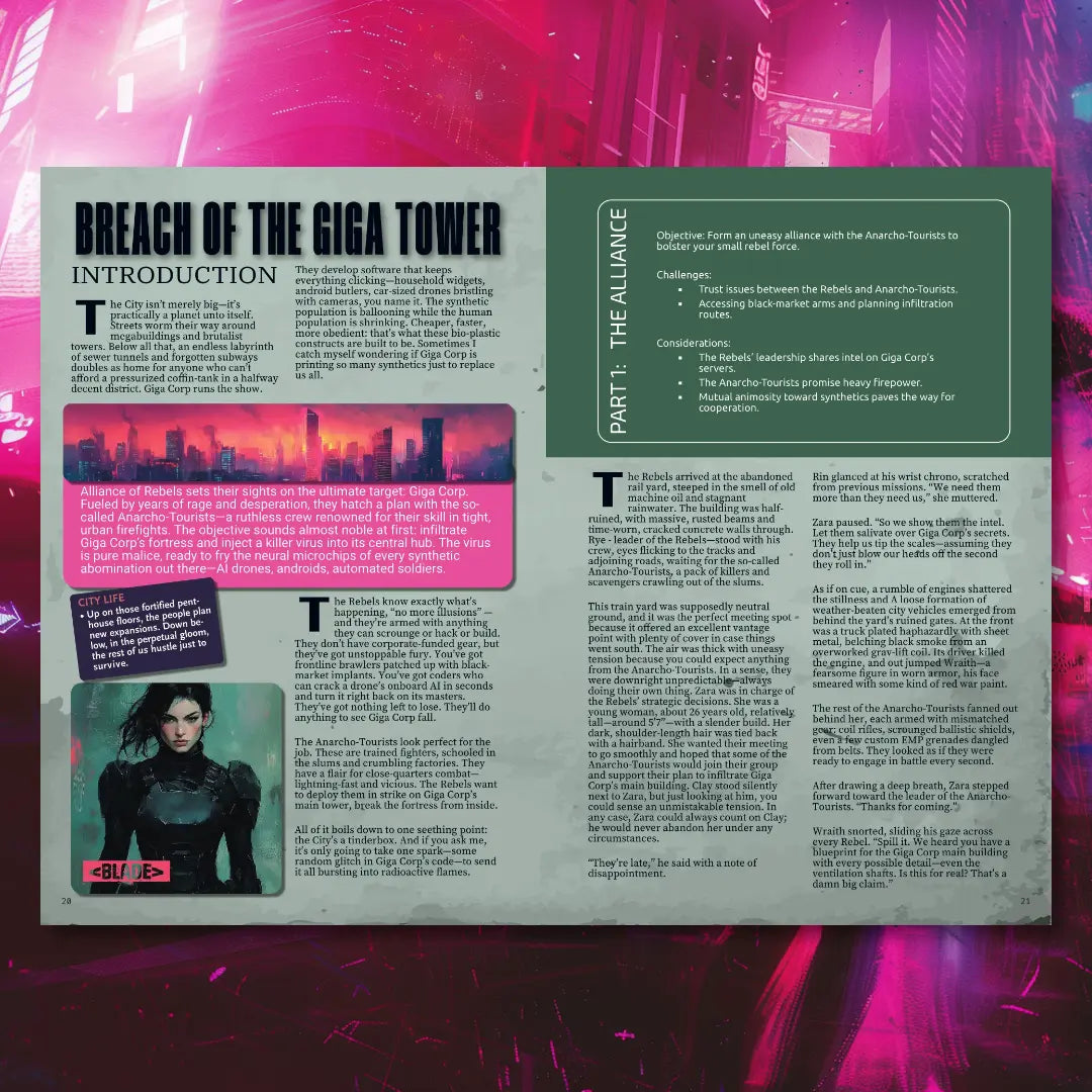 Two-page spread from Cyberpunk Scenarios [2nd Book] showing a fragment of a mission scenario, providing plot details, consequences, and hooks for a cyberpunk ttrpg session. a4play.com