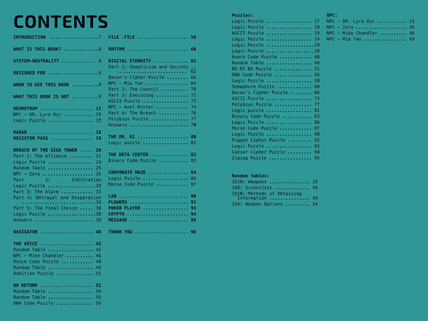 Table of Contents for the Cyberpunk Scenarios [2nd Book], listing new mission scenarios, cyber puzzles, and random event tables for cyberpunk and ttrpg game masters.