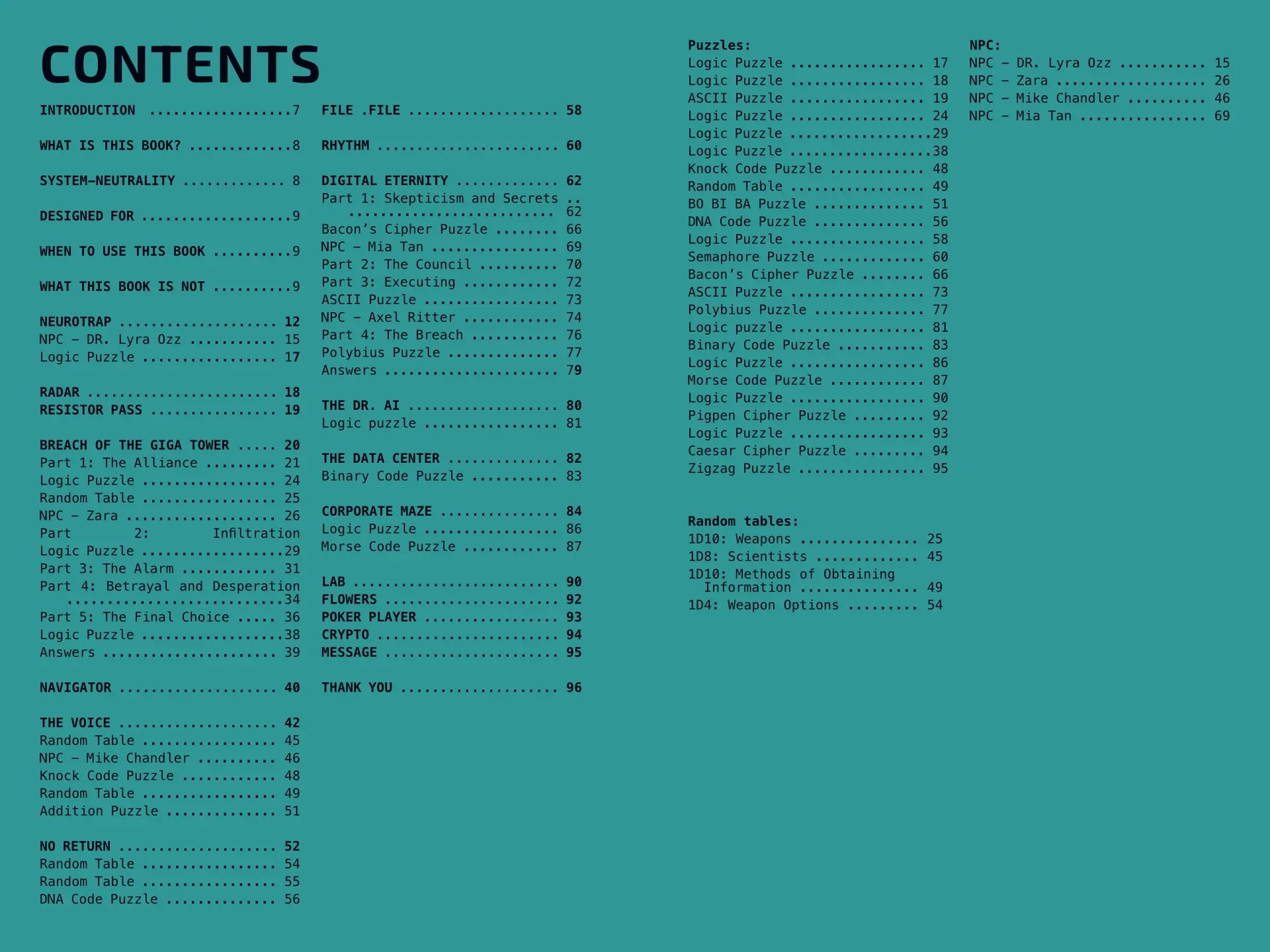 Table of Contents for the Cyberpunk Scenarios [2nd Book], listing new mission scenarios, cyber puzzles, and random event tables for cyberpunk and ttrpg game masters.