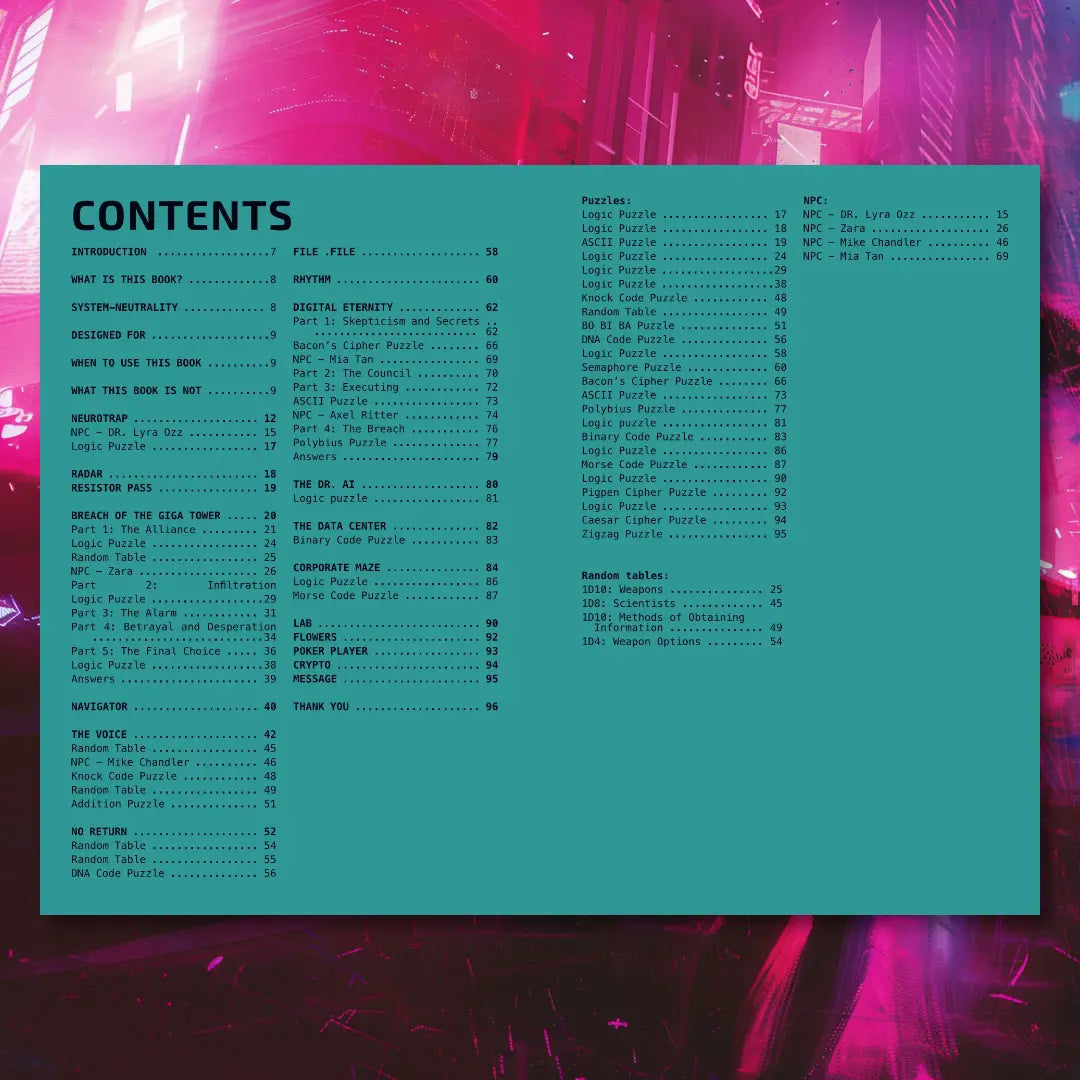 Table of Contents for the Cyberpunk Scenarios [2nd Book], listing new mission scenarios, cyber puzzles, and random event tables for cyberpunk and ttrpg game masters. a4play.com 