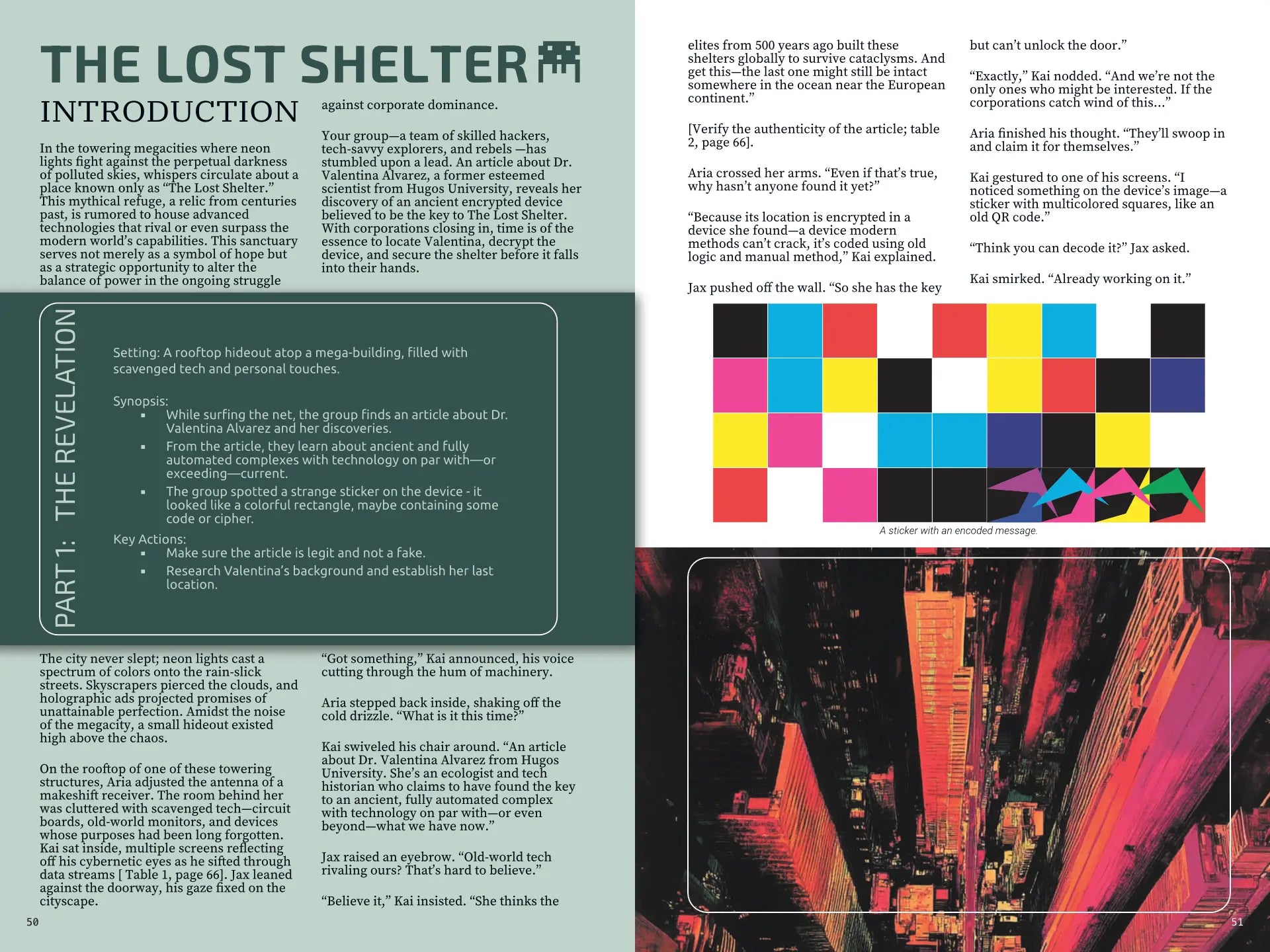 Two-page spread from Cyberpunk Scenarios [1st Book] detailing a full mission scenario, including the core problem, consequences, and resolution structure for a cyberpunk ttrpg session.
