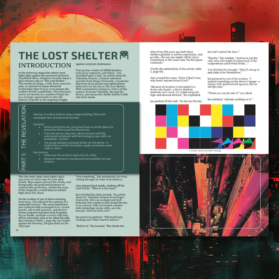 Two-page spread from Cyberpunk Scenarios [1st Book] showcasing a cyber puzzle or code challenge designed to integrate a hacking or investigation challenge into a cyberpunk ttrpg mission. a4play.com