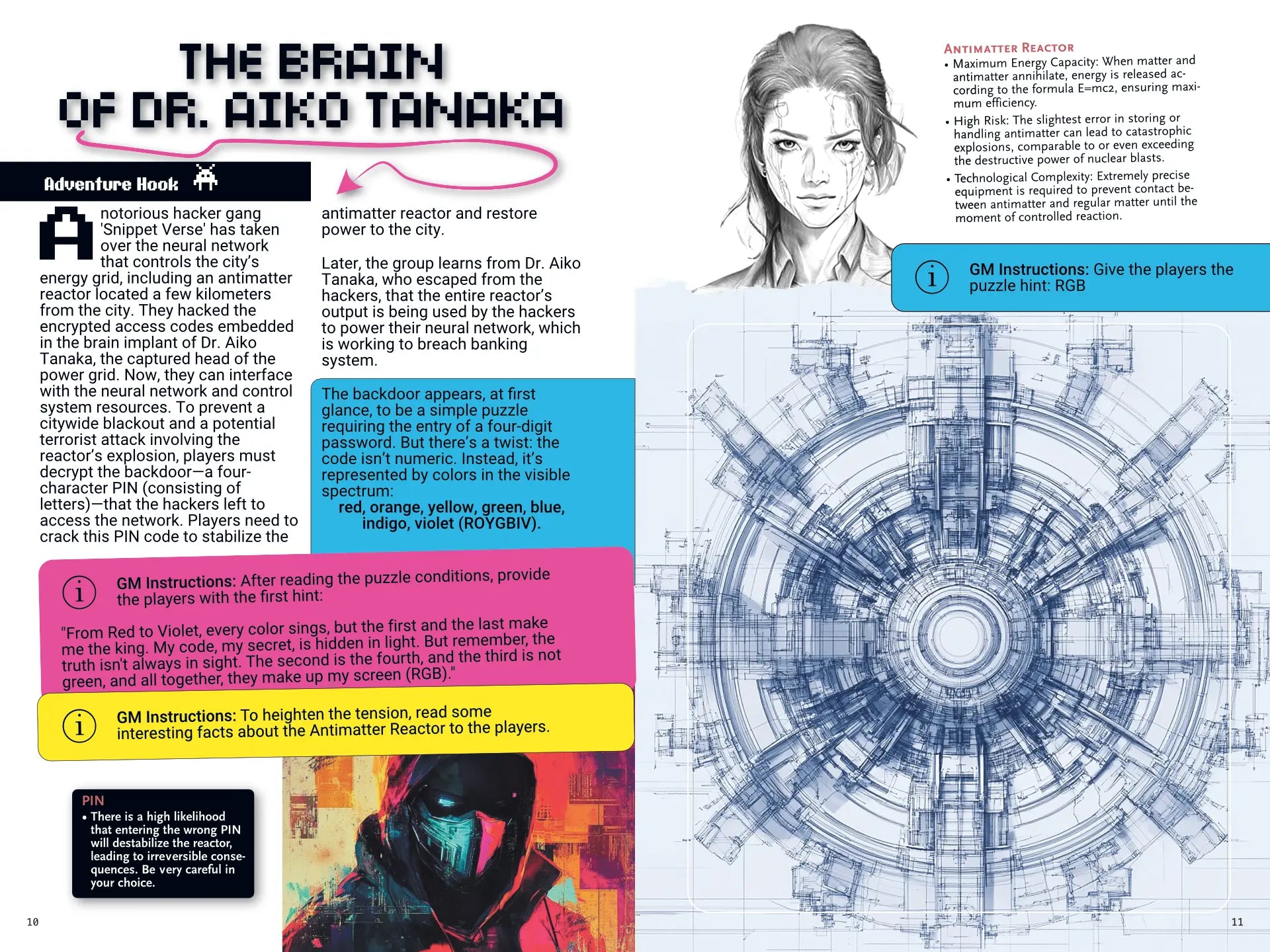 Two-page spread from Cyberpunk Scenarios [1st Book], showing the structure of a single mission scenario, including plot hooks, consequences, and resolution for a cyberpunk ttrpg session.