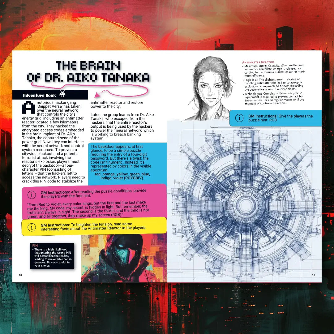 Two-page spread from Cyberpunk Scenarios [1st Book], showing the structure of a single mission scenario, including plot hooks, consequences, and resolution for a cyberpunk ttrpg session.