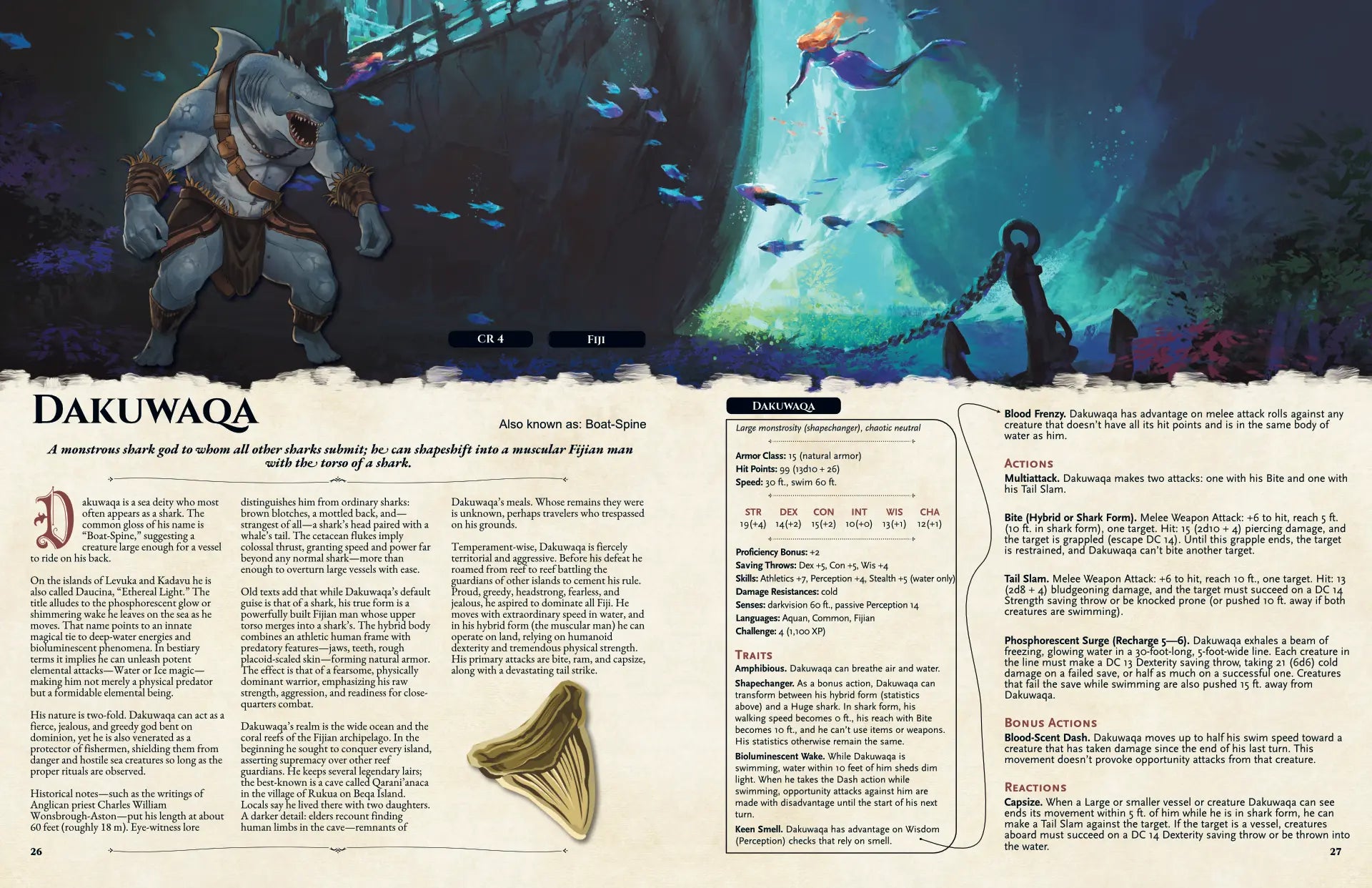 Book spread featuring the Dakuwaqa monster (Fijian shark god), showing its lore, dnd 5e stat block, and unique shapechanger abilities, for the Oceanian Bestiary dnd5e supplement.