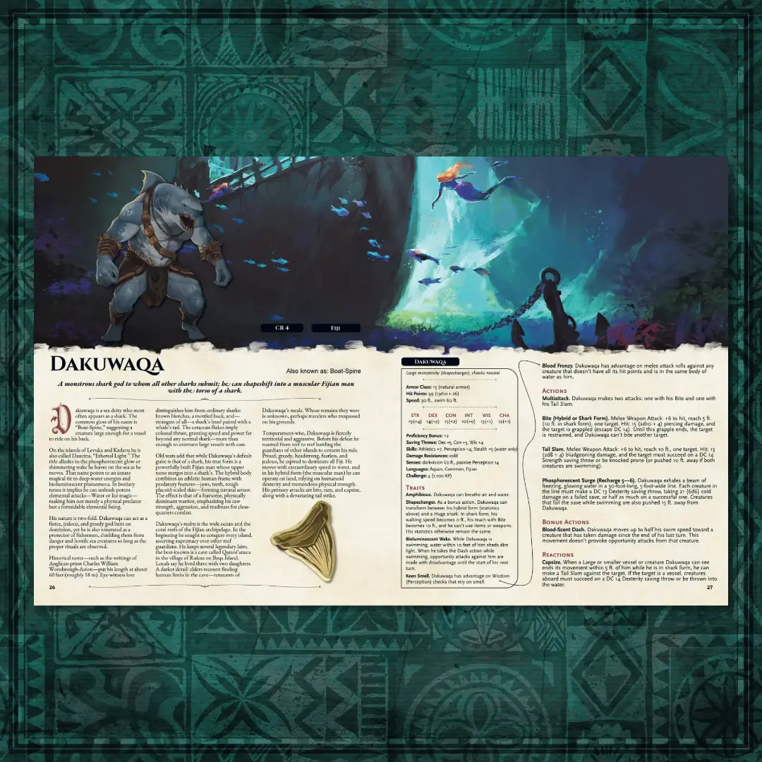 Book spread featuring Dakuwaqa, a unique dnd monster from the Oceanian Bestiary 5E dnd 5e book. The left page shares Dakuwaqa’s legend, origins, and folklore, while the right page presents a detailed dnd 5e stat block and adventure hooks. Perfect for players and collectors searching for dnd books, dnd books 5e, dnd 5e books, d&d monster lore, dnd monsters, d and d monsters, and new dungeons and dragons monsters to expand their tabletop campaigns; a4play.com