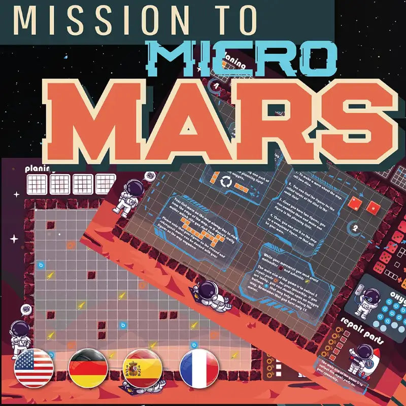 Cover of "Micro Mars", a fast and fun Roll&Write/Print&Play space adventure game for 1–100 players ages 8+, where you explore and collect starship parts before running out of oxygen. Rules in English, German, Spanish, and French. a4play.com