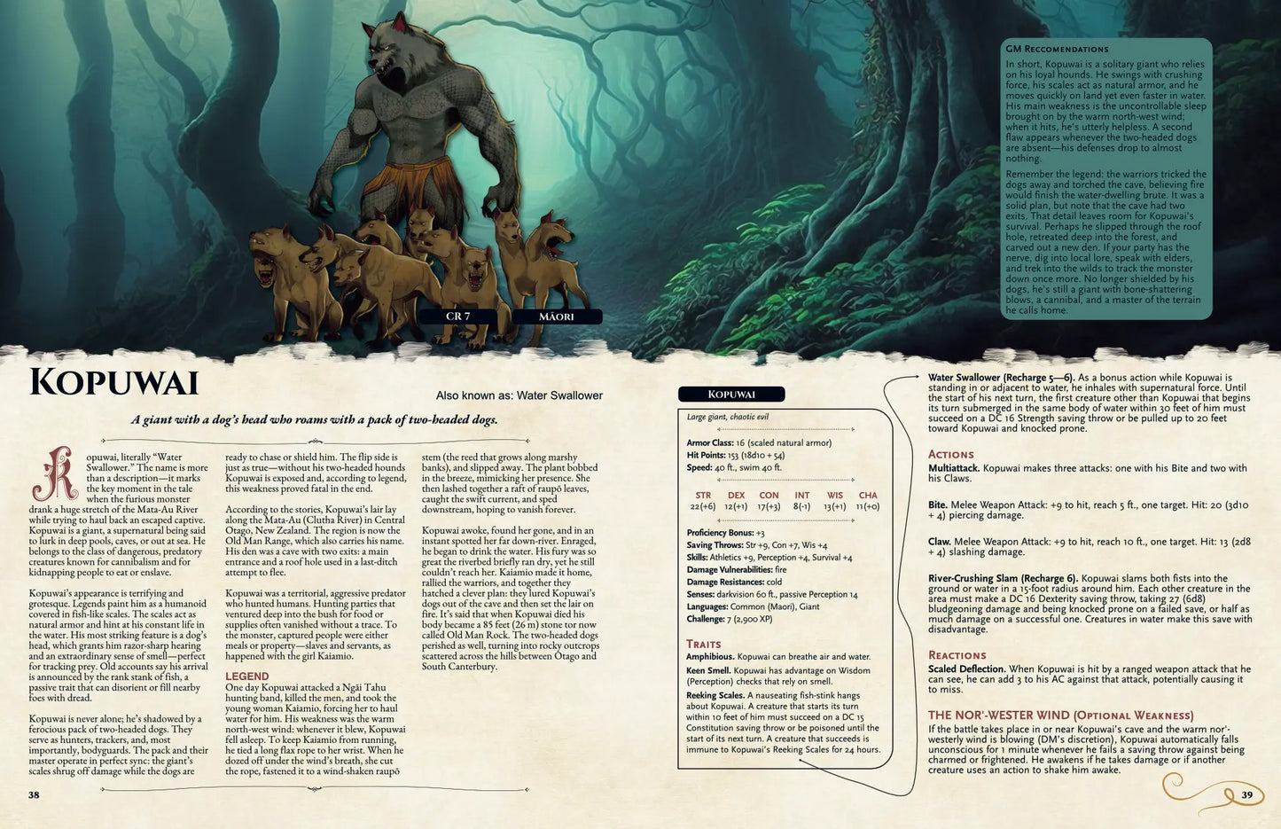 Book spread featuring the Kopuwai monster (Māori dog-headed giant), showing its lore, dnd 5e stat block, terrifying abilities, and giant type, for the Oceanian Bestiary dnd5e supplement.