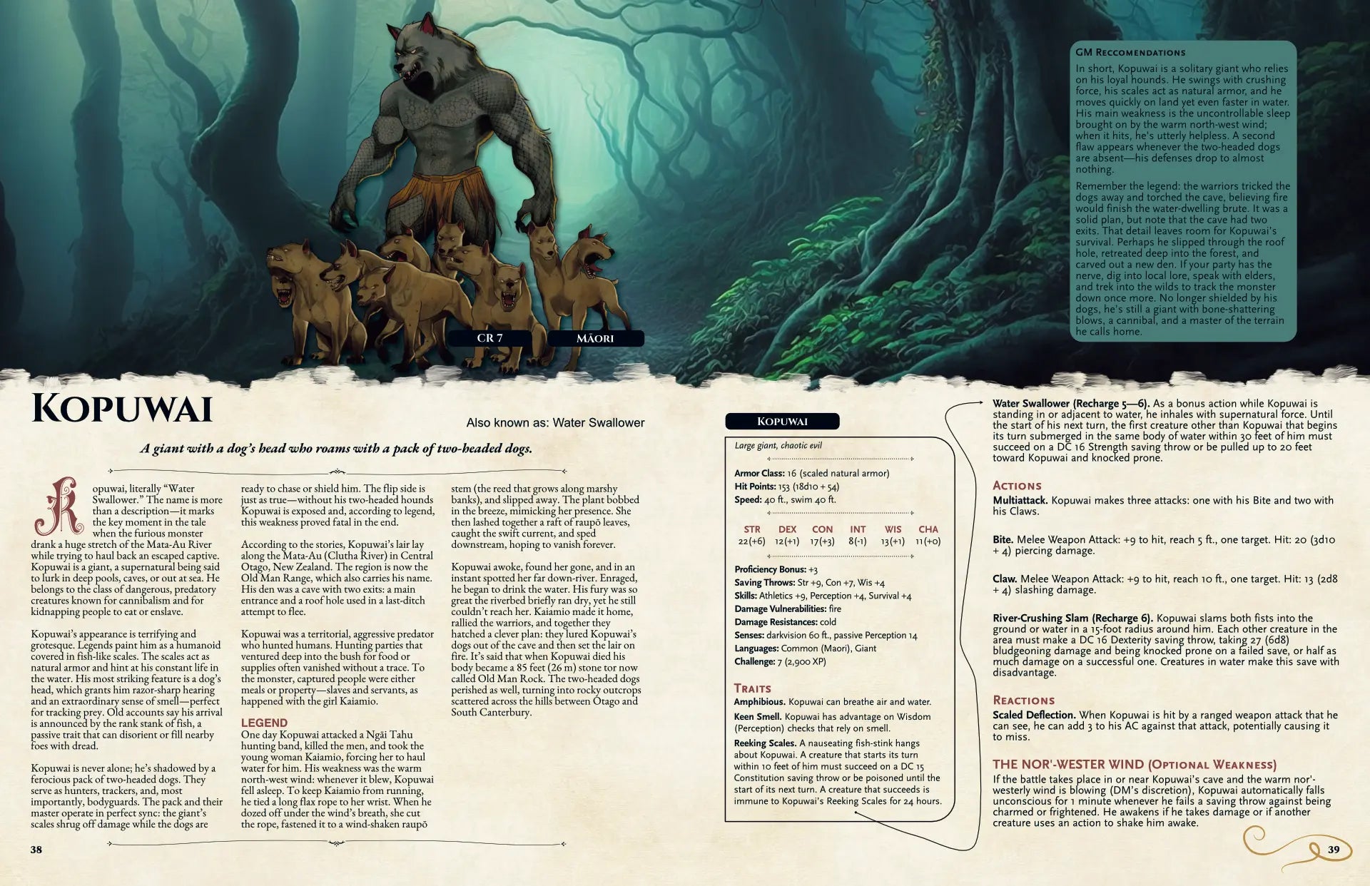 Book spread featuring the Kopuwai monster (Māori dog-headed giant), showing its lore, dnd 5e stat block, terrifying abilities, and giant type, for the Oceanian Bestiary dnd5e supplement.