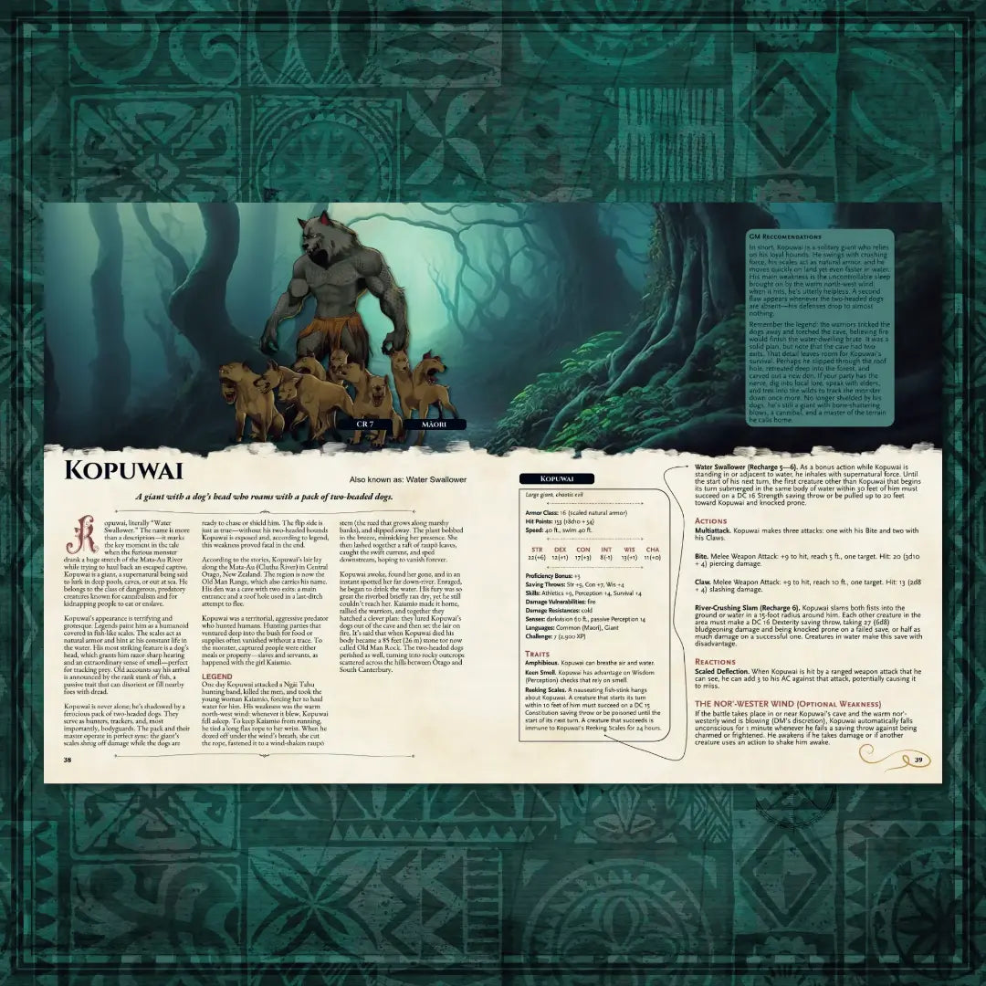 Book spread featuring Kopuwai, a unique dnd monster from the Oceanian Bestiary 5E dnd 5e book. The left page shares Kopuwai’s legend, origins, and folklore, while the right page presents a detailed dnd 5e stat block and adventure hooks. Perfect for players and collectors searching for dnd books, dnd books 5e, dnd 5e books, d&d monster lore, dnd monsters, d and d monsters, and new dungeons and dragons monsters to expand their tabletop campaigns; a4play.com