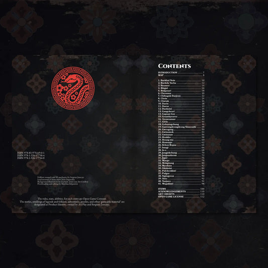 Book spread featuring the Korean Bestiary 5E, a unique dnd monster resource from the a4play.com collection. The left page shares an organized list of 41 monsters including Imugi, Maegu, and Pulgae with their folklore origins, while the right page presents a guide to their detailed dnd 5e stat blocks and adventure hooks. Perfect for players and collectors searching for dnd books, dnd books 5e, dnd 5e books, d&d monster lore, dnd monsters, d and d monsters, and new dungeons and dragons monsters to expand thei