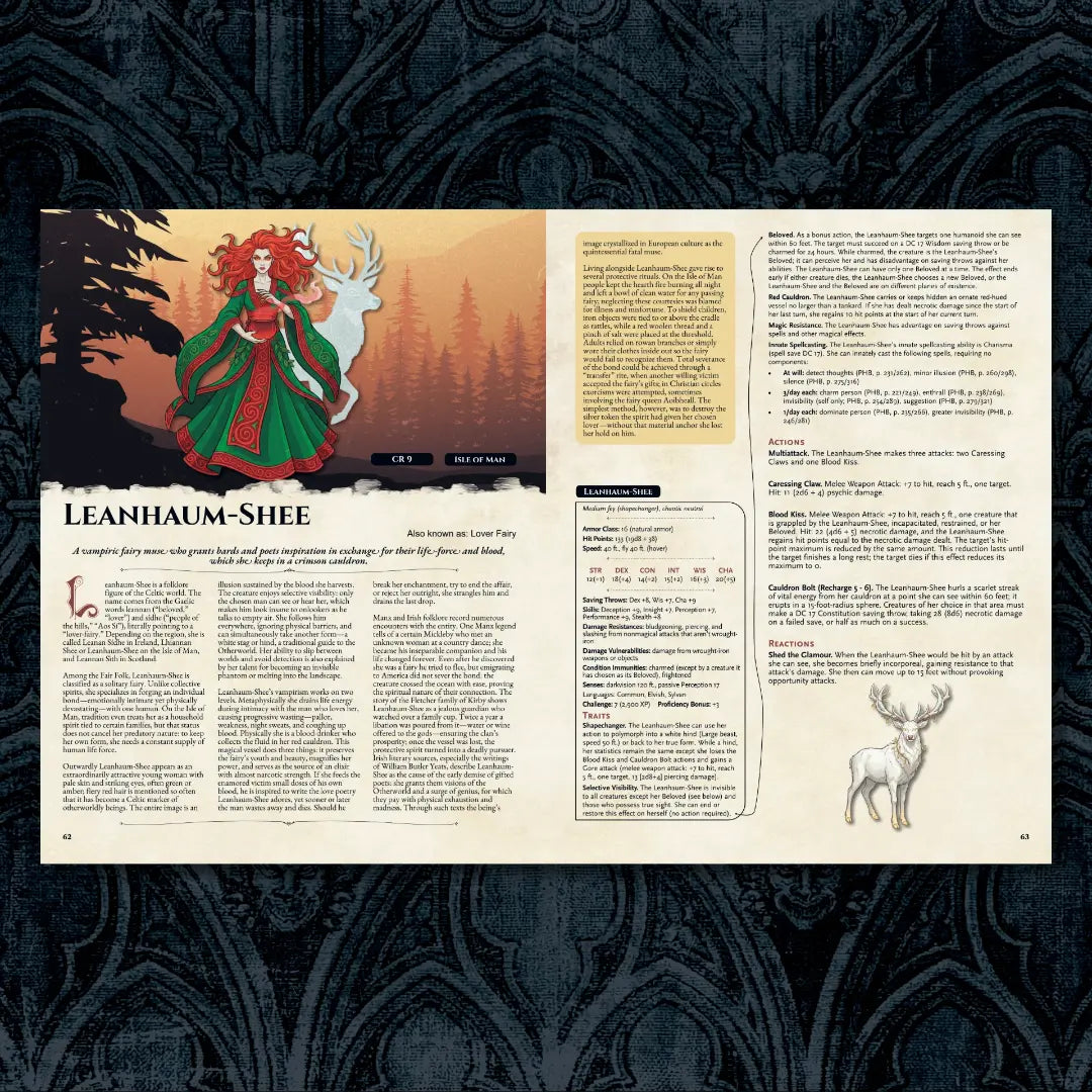 Book spread featuring Leanhaum-shee, a unique dnd monster from the Vampire Bestiary 5E dnd 5e book. The left page shares Leanhaum-shee’s legend, origins, and folklore, while the right page presents a detailed dnd 5e stat block and adventure hooks. Perfect for players and collectors searching for dnd books, dnd books 5e, dnd 5e books, d&d monster lore, dnd monsters, d and d monsters, and new dungeons and dragons monsters to expand their tabletop campaigns; a4play a4 play a4play.com dnd book
