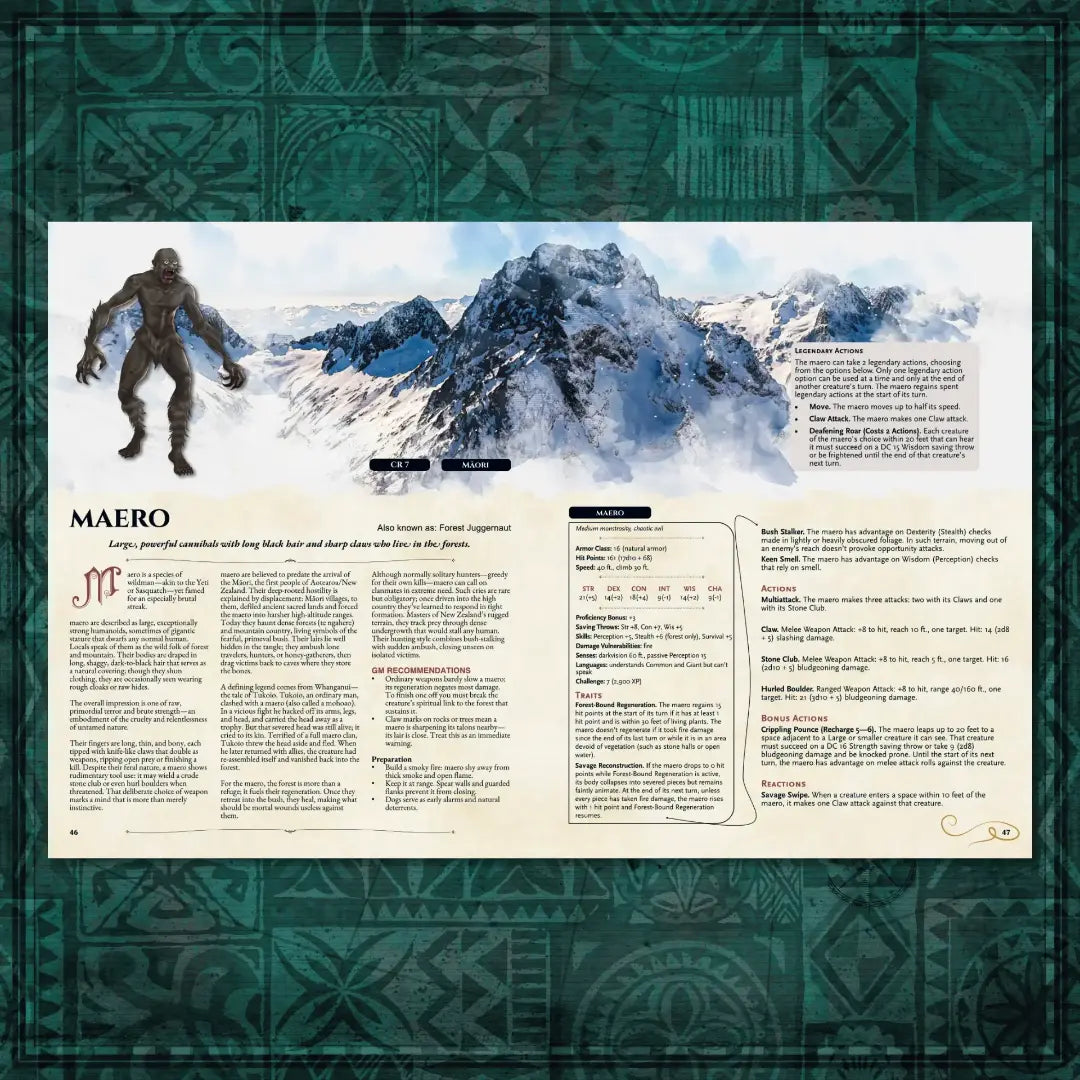 Book spread featuring Maero, a unique dnd monster from the Oceanian Bestiary 5E dnd 5e book. The left page shares Maero’s legend, origins, and folklore, while the right page presents a detailed dnd 5e stat block and adventure hooks. Perfect for players and collectors searching for dnd books, dnd books 5e, dnd 5e books, d&d monster lore, dnd monsters, d and d monsters, and new dungeons and dragons monsters to expand their tabletop campaigns; a4play.com