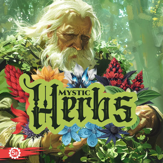 Main banner of the Mystic Herbs Compendium for 5E book cover on a4play.com, featuring an old druid holding mystical flowers. Illustrated dnd book for dnd 5e books fans, with fantasy plants, magical herbs, dnd monsters, potion tables, and unique resources for dnd books 5e, dnd monsters, d and d monsters, and dungeons and dragons monsters adventure campaigns.