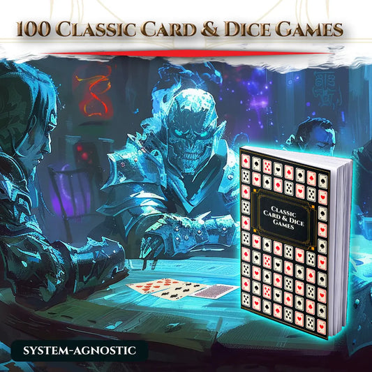 Main image of the book "100 Games for your 5E Adventures, RPGs, and TTRPGs" on a4play.com, featuring an illustrated party of adventurers playing cards. Perfect for fans of dnd books, dnd 5e books, and tabletop gamers looking for dnd monsters and creative roleplaying sessions. This guide offers over 100 card and dice games for dnd and ttrpg campaigns, with detailed rules, immersive artwork, and easy gameplay perfect for expanding your dnd books 5e collection or discovering new dnd monsters and adventure idea