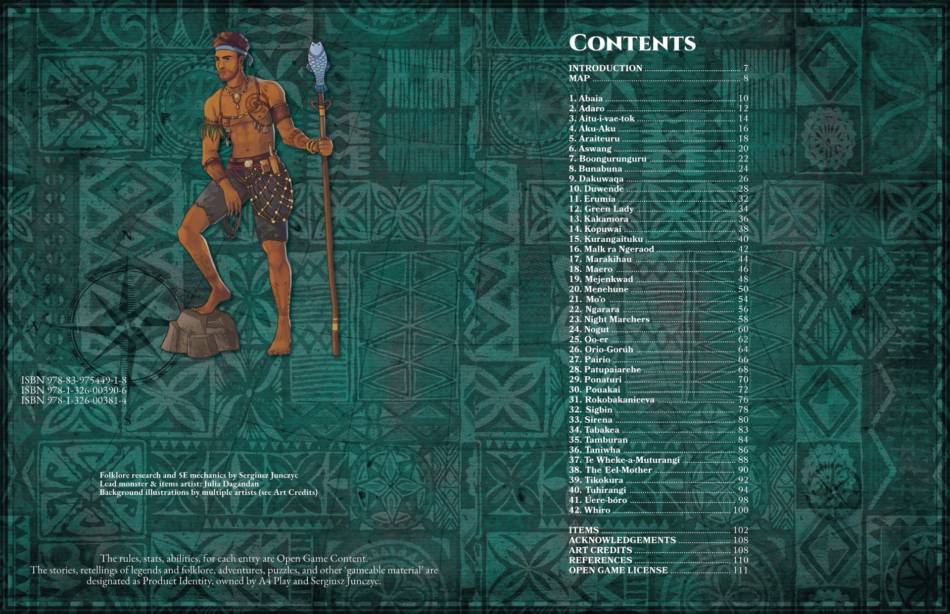 Table of Contents for the Oceanian Bestiary 5E, listing chapters and monsters (Abaia, Adaro, Taniwha, Whiro) compatible with dnd dnd5e rules, designed for 5th Edition fantasy roleplaying.