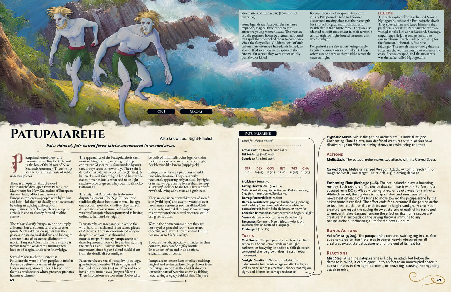 Book spread featuring the Patupaiarehe creature (Māori forest fairy), showing its lore, dnd 5e stat block, unique abilities, and chaotic neutral nature, for the Oceanian Bestiary dnd5e supplement.