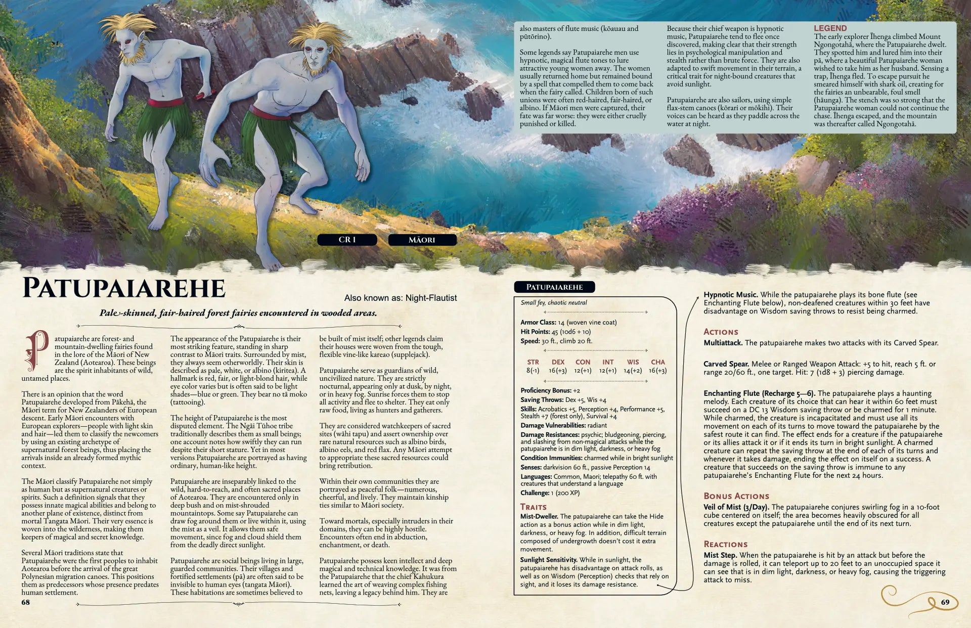 Book spread featuring the Patupaiarehe creature (Māori forest fairy), showing its lore, dnd 5e stat block, unique abilities, and chaotic neutral nature, for the Oceanian Bestiary dnd5e supplement.
