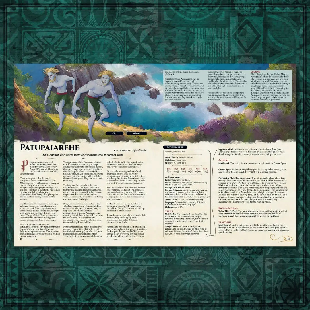 Book spread featuring Patupaiarehe, a unique dnd monster from the Oceanian Bestiary 5E dnd 5e book. The left page shares Patupaiarehe’s legend, origins, and folklore, while the right page presents a detailed dnd 5e stat block and adventure hooks. Perfect for players and collectors searching for dnd books, dnd books 5e, dnd 5e books, d&d monster lore, dnd monsters, d and d monsters, and new dungeons and dragons monsters to expand their tabletop campaigns; a4play.com