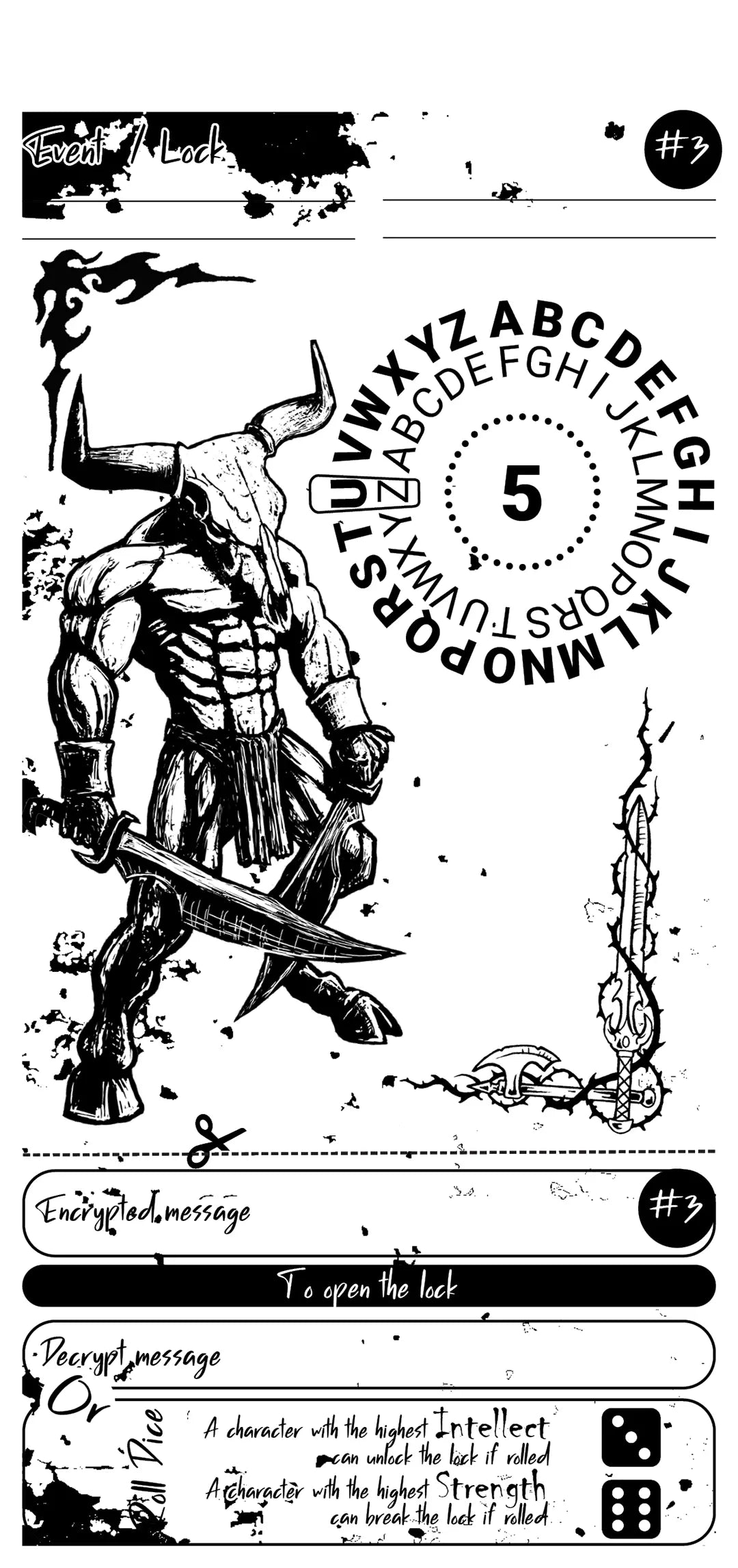 Book spread or page showing an example of a "Crack the Code" cipher challenge, including the encoded alphabet and puzzle text, ready for use as a dnd 5e and dnd5e in-game test for players.