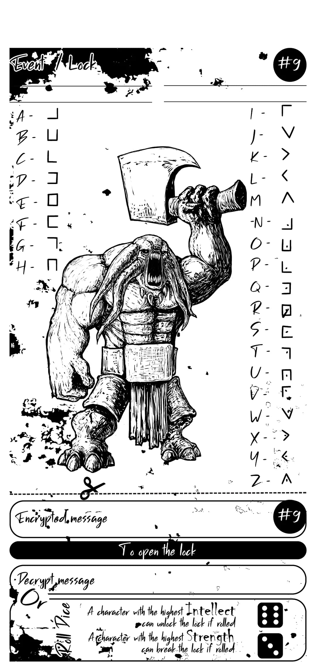 Book page showing Cipher Puzzle #2, featuring an encoded message and its unique solving mechanics, designed as a plug-and-play dnd 5e and dnd5e challenge for game masters.