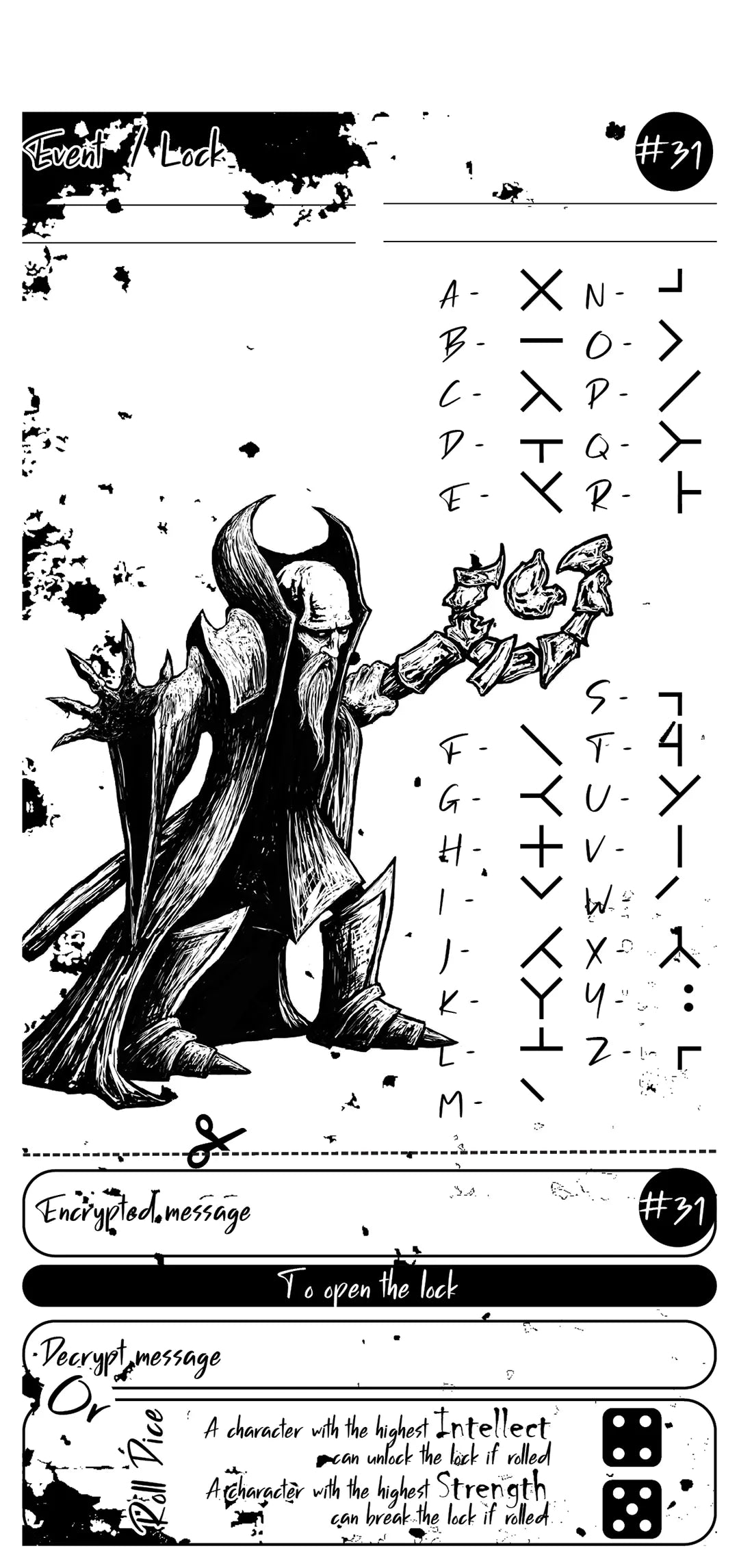 Book page showing Cipher Puzzle #3, presenting a complex encoded challenge and the corresponding secret key alphabet, ready for immediate use in dnd 5e and dnd5e adventures.