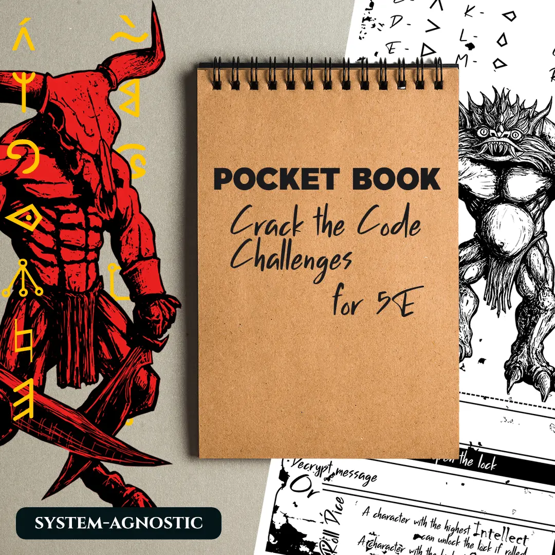 Cover art for the Pocket Book: Crack the Code Challenges, a collection of ready-made puzzles and ciphers with encoded alphabets, designed for GMs to use as dnd 5e and dnd5e lock-and-key challenges.