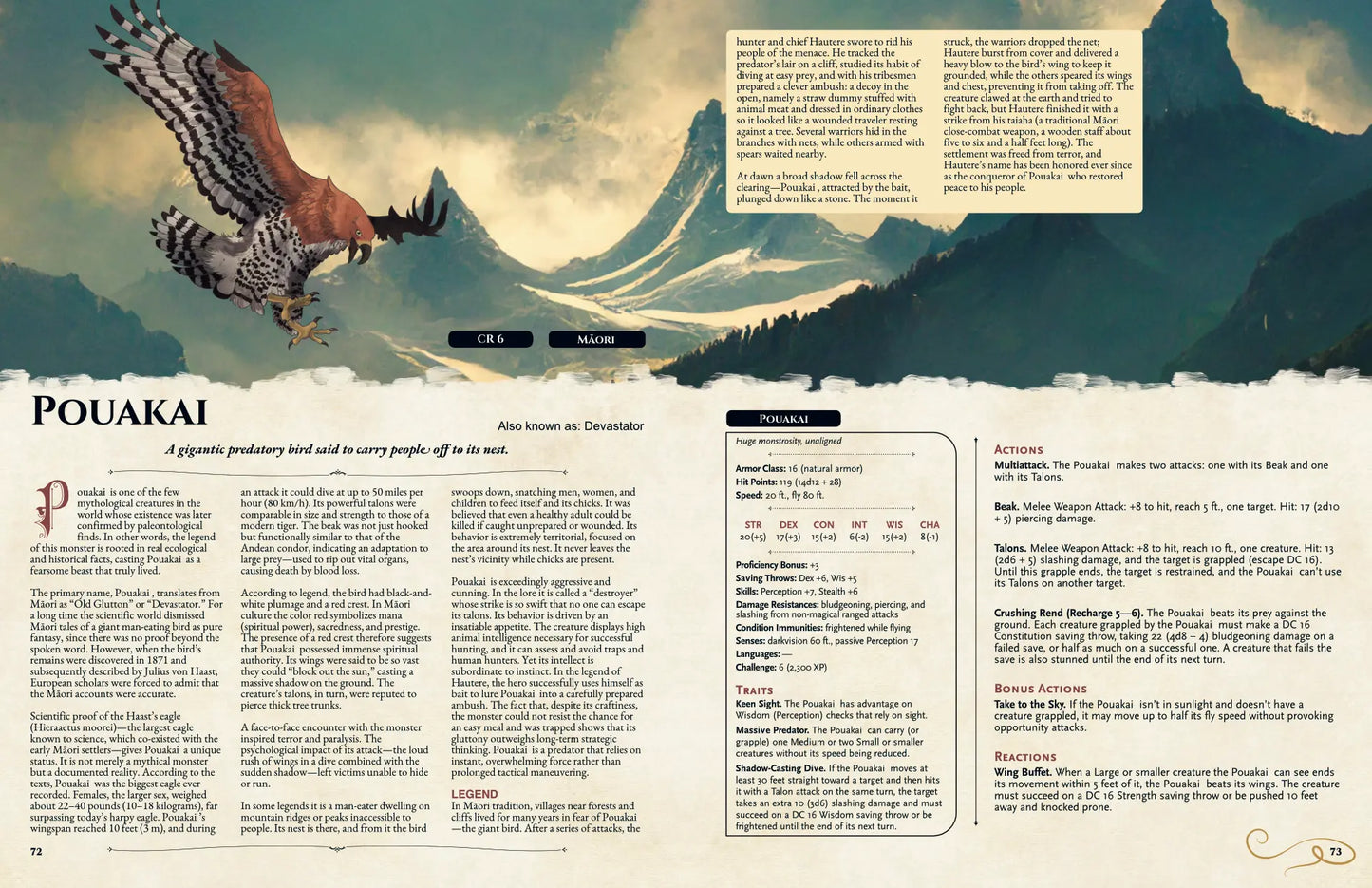 Book spread featuring the Pouakai monster (Māori giant eagle), showing its lore, dnd 5e stat block, unique abilities, and adventure hooks, for the Oceanian Bestiary dnd5e supplement.