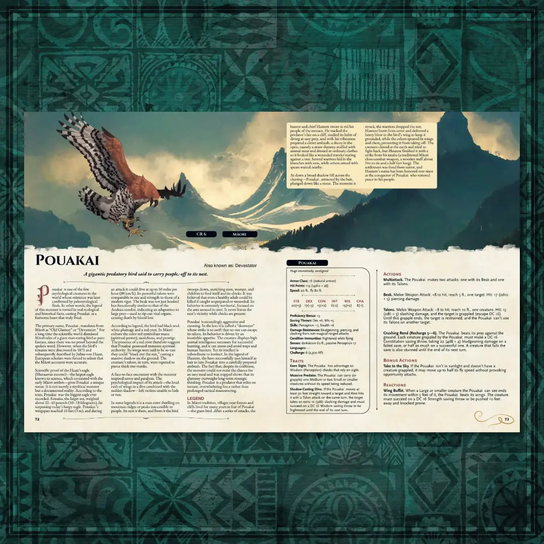 Book spread featuring Pouakai, a unique dnd monster from the Oceanian Bestiary 5E dnd 5e book. The left page shares Pouakai’s legend, origins, and folklore, while the right page presents a detailed dnd 5e stat block and adventure hooks. Perfect for players and collectors searching for dnd books, dnd books 5e, dnd 5e books, d&d monster lore, dnd monsters, d and d monsters, and new dungeons and dragons monsters to expand their tabletop campaigns; a4play.com