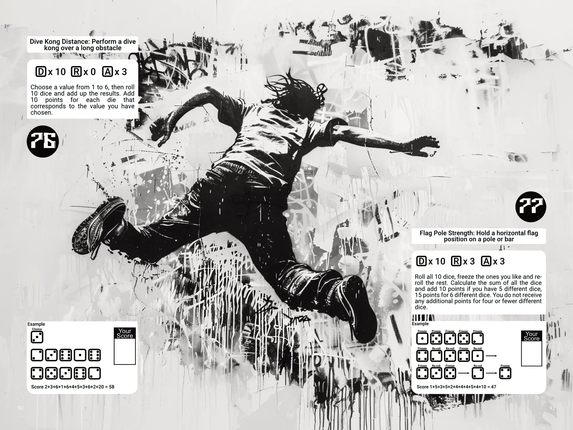 Parkour Rush Roll and Write Game book spread on a4play.com, featuring parkour challenges, roll and write gameplay, instructions, and scoring with 10d6 dice. Explore unique parkour tricks in this roll and write book, perfect for solo or group play and parkour game fans.