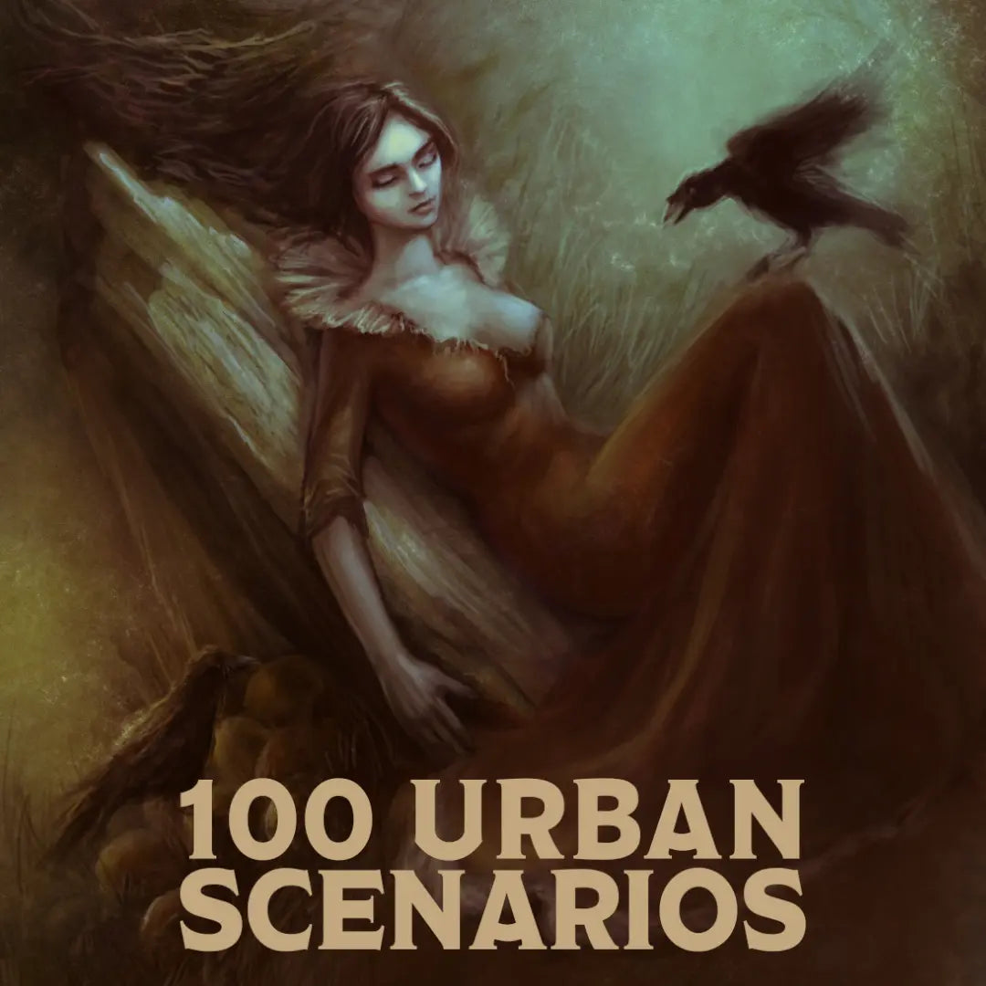 Cover art for the Urban Scenarios B&W Edition, a collection of city plot hooks and one shot ideas based on folklore and mysteries, providing easy dnd 5e and dnd5e adventure modules for GMs.