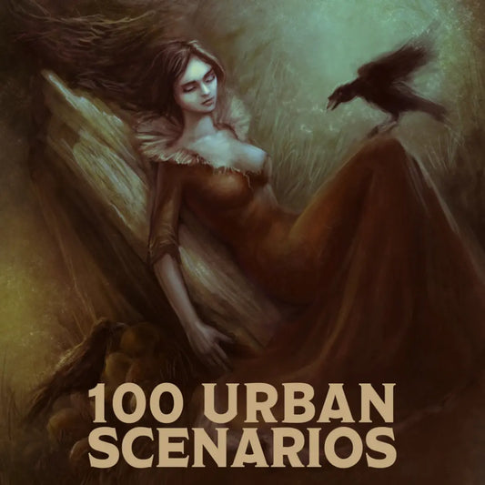 Cover art for the Urban Scenarios B&W Edition, a collection of city plot hooks and one shot ideas based on folklore and mysteries, providing easy dnd 5e and dnd5e adventure modules for GMs.