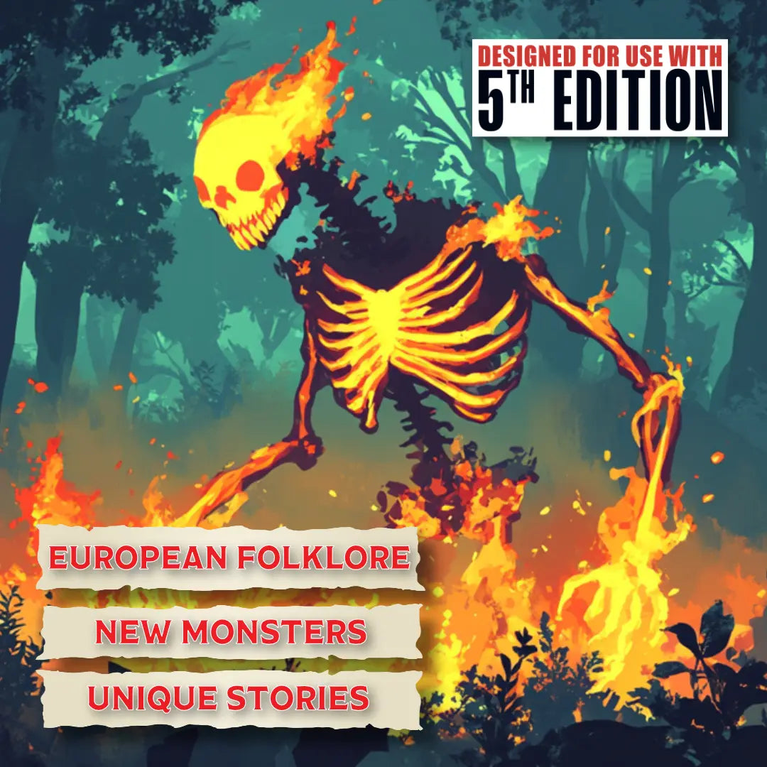 Cover art for The Witchwood Bestiary 5E, a book of 40+ spirits, demons, and monsters inspired by Eastern European folklore, featuring unique lore and dnd 5e stat blocks for dnd5e campaigns (levels 7-10).